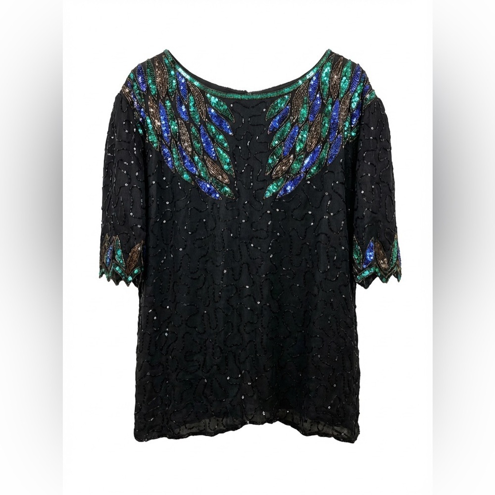 Vintage Silk Beaded Retro Woman’s Top Blouse Size 2X Made In India